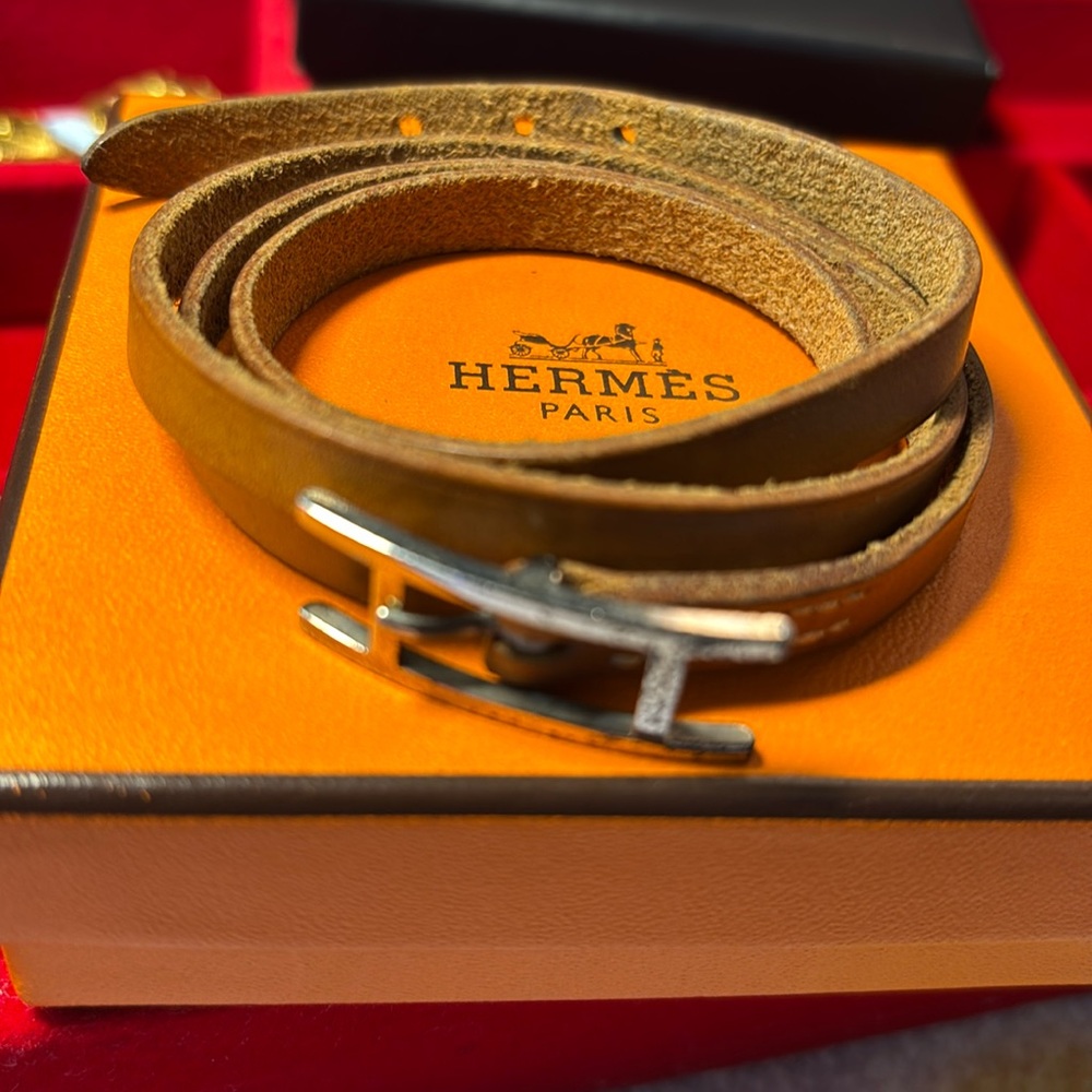 Hermes Tan Leather bracelet with Silver Buckle